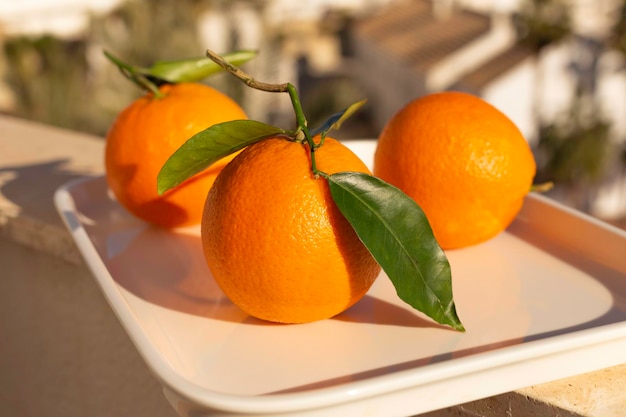 Ripe juicy oranges with leaves on a white tray on the balcony