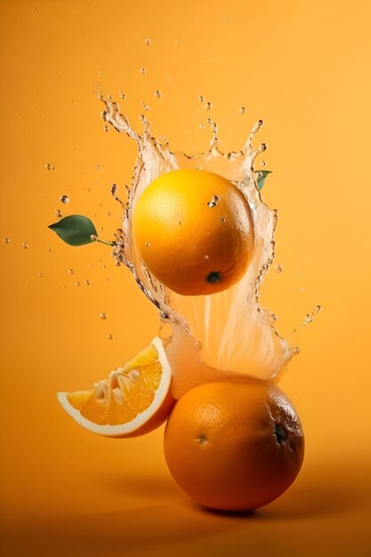 Ripe juicy oranges with splashes of juice drops on an orange background Generative AI