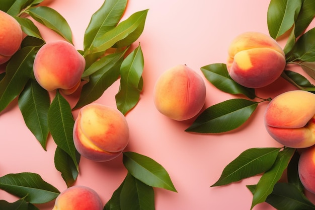 Ripe Juicy Peaches on Pink Background AI Generated