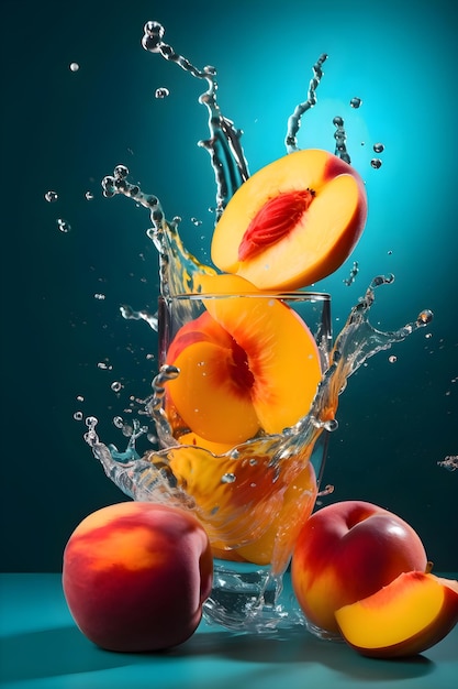 Ripe juicy peaches with splashes of drops of water or juice on a blue background Generative AI 1