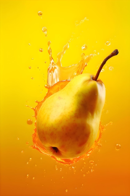 Ripe juicy pear with splashes of drops of water or juice on a yellow background Generative AI