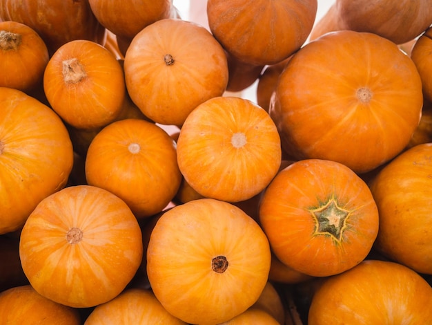 Ripe juicy pumpkins lying on the table