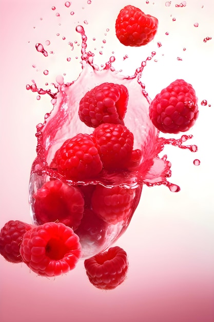 Ripe juicy raspberry with splashes of drops of water or juice on a pink background Generative AI 1