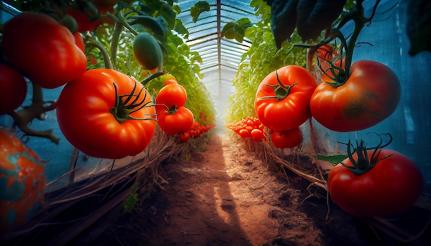 Ripe juicy red tomatoes in the greenhouse Generate Ai