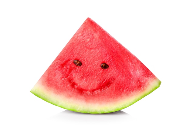 Ripe juicy watermelon piece with funny face isolated on white background.