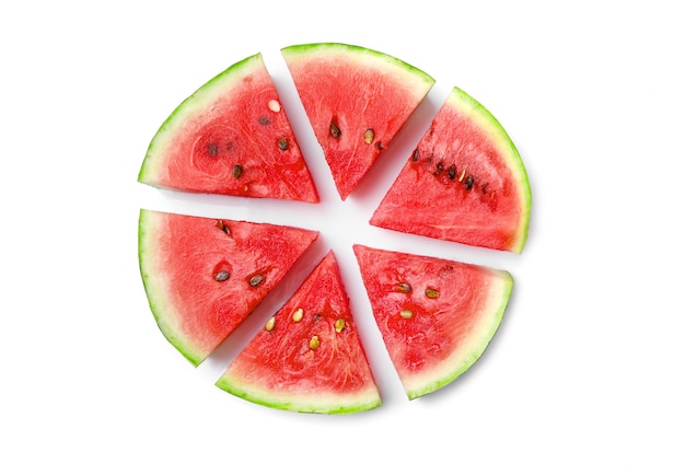 Ripe juicy watermelon pieces isolated on white background. Top view.