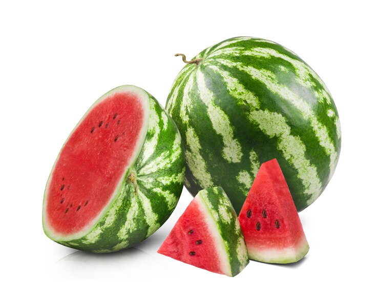 Ripe juicy watermelon and sliced watermelon slices isolated