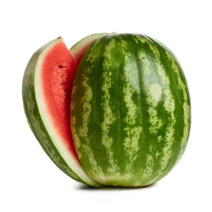 Photo ripe, juicy watermelon, with a cut-out part, isolated on a white background