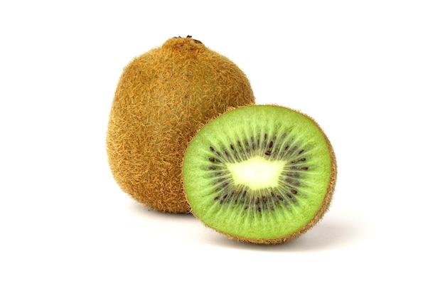 Ripe kiwi fruit and half of kiwi isolated.