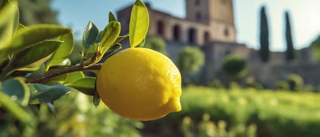 Ripe lemon in the garden near the medieval castle