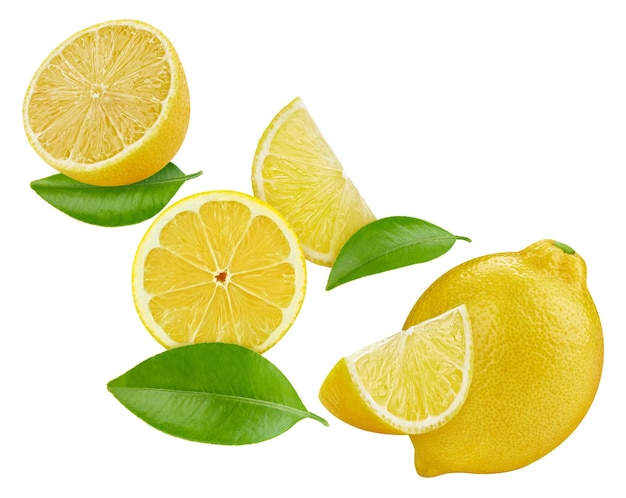 Ripe lemon slices isolated on white background Ripe lemon with leaves clipping path Flying lemon fruits