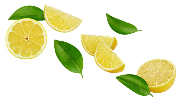 Ripe lemon slices isolated on white background Ripe lemon with leaves clipping path Flying lemon fruits