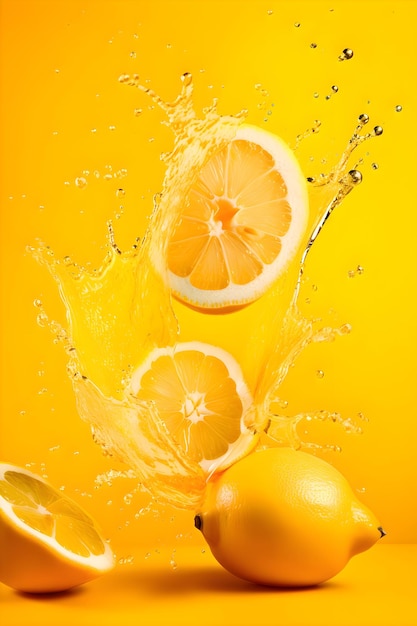 Ripe lemons with splashes of drops of water or juice on a yellow background Generative AI 11