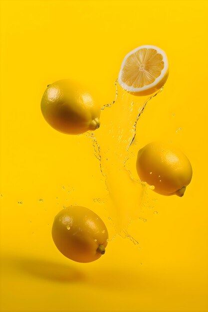Ripe lemons with splashes of drops of water or juice on a yellow background Generative AI 1
