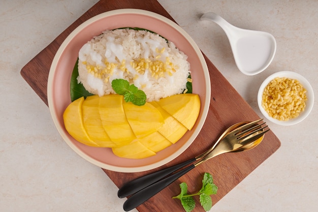 사진 잘 익은 망고와 돌 표면에 접시에 코코넛 우유와 찹쌀, 여름 시즌에 태국 달콤한 디저트.