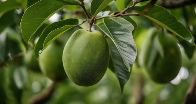 Ripe mango hanging from tree ready for harvest