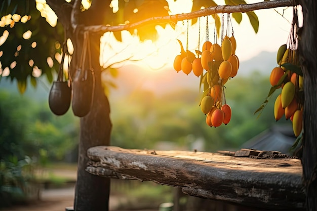 Ripe mango's, tropische vruchten die op een boom hangen met een rustieke houten tafel en zonsondergang op een biologische boerderij