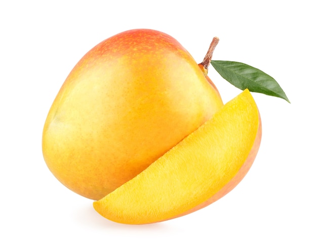 Ripe mango with a slice isolated on white background