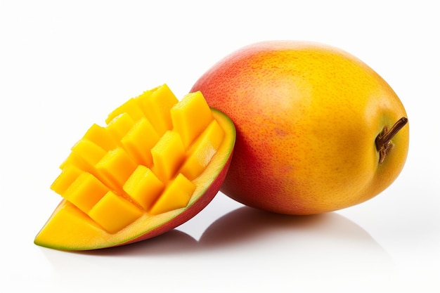 Foto mango maturo con una fetta su sfondo bianco