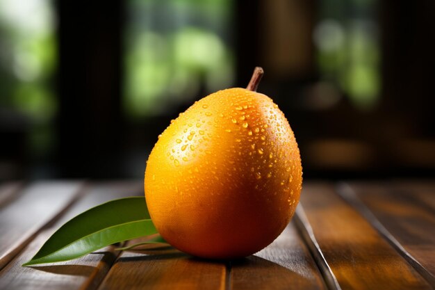 Ripe mango with water drops on a wooden table close up