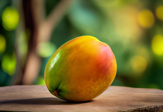 Ripe mango on a wooden table against the backdrop of a green garden