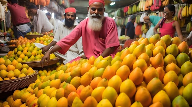 Ripe mangoes in a colorful indian market exotic and fresh