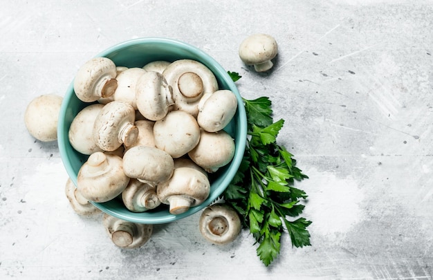 Ripe mushrooms in a bowl with foliage