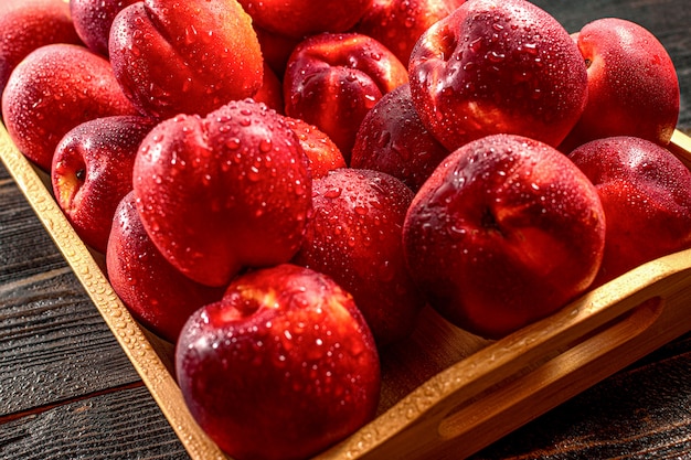 Ripe nectarine peach fruits on dark wooden table