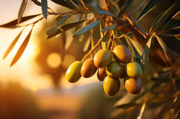 Ripe olives on the tree branch sunset light