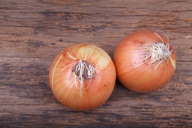 Ripe onion on wooden background