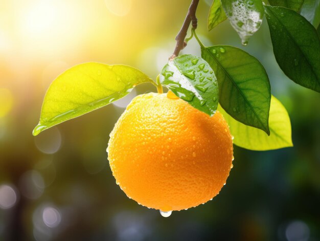 Foto arancia matura appesa a un ramo di un albero in un frutteto vibrante circondato da foglie fresche e dalla bellezza della natura in estate e in autunno