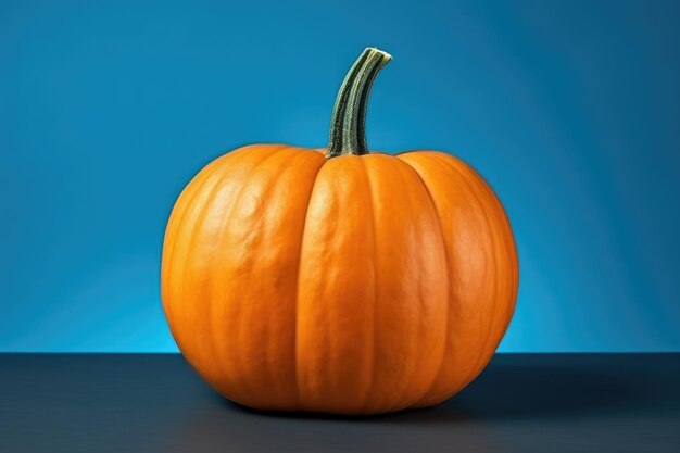 Ripe orange pumpkin on table isolated on blue