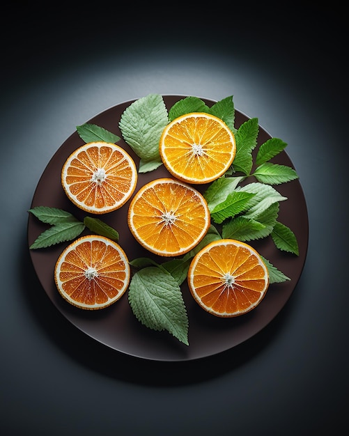 Ripe orange slices cut on a plate in mysterious light