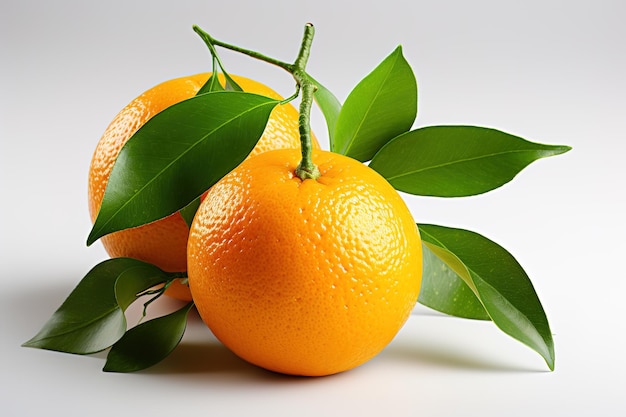 Photo ripe orange with green leaves on a white background isolated