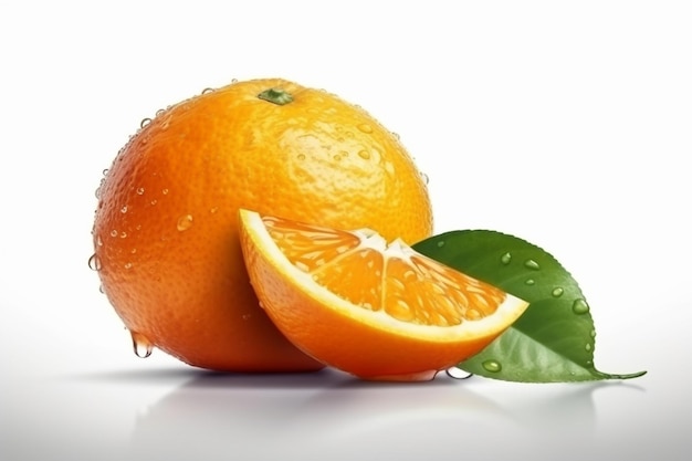 Ripe orange with water drops on a white background