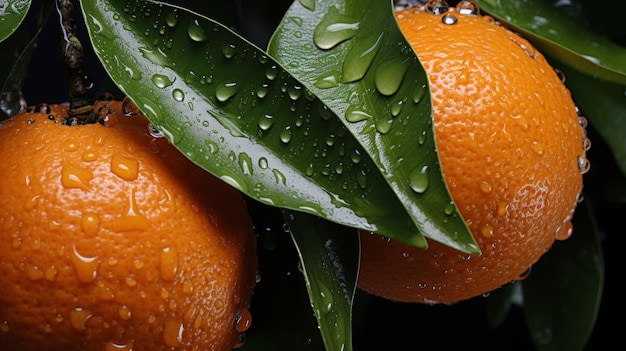 Photo ripe oranges covered with dew on the tree fresh citrus fruits in morning light