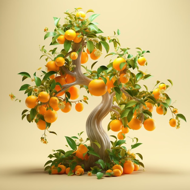 Ripe oranges on tree with a soft yellow backdrop