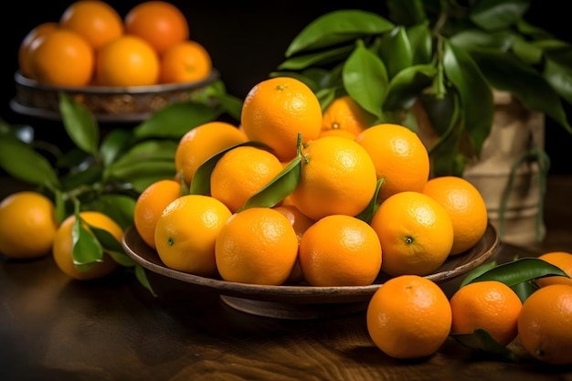 木のテーブルの上に緑の葉を持つ熟したオレンジ