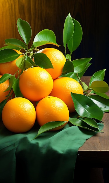 Ripe oranges with green leaves on wooden table