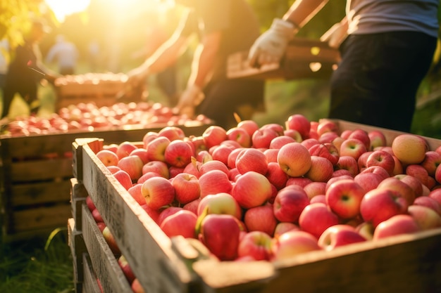 Ripe organic apples in a wooden boxes on the background of an apple orchard