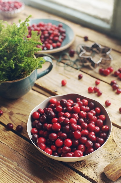 Ripe organic cranberry on rustic wooden table fresh berries in a bowl autumn harvest concept