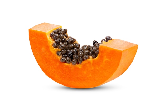 Ripe papaya fruit with seeds isolated on white background