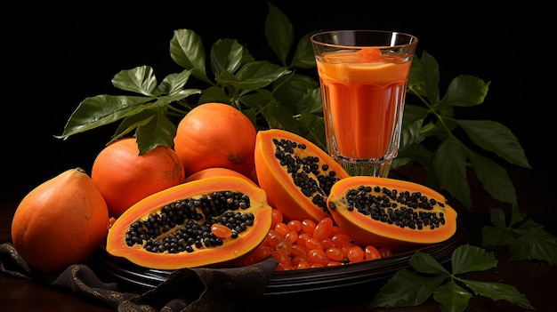 Photo ripe papaya fruits on a black background