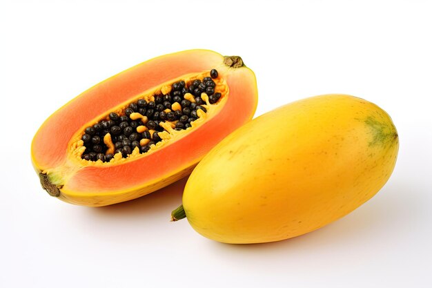 Ripe papaya and sliced papaya isolated on white background Generative Ai