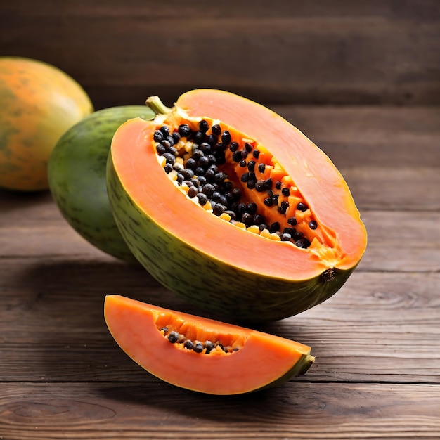 Ripe papaya with cut in half isolated on wooden table AI generated