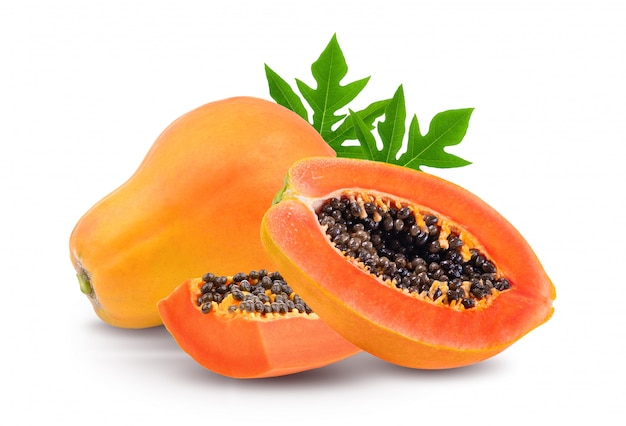 Ripe papaya with leaf on white space