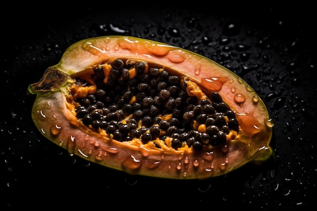 A ripe papaya with the seeds of the mango.