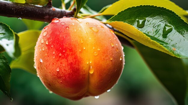 a ripe peach hanging on a branch with rainwater