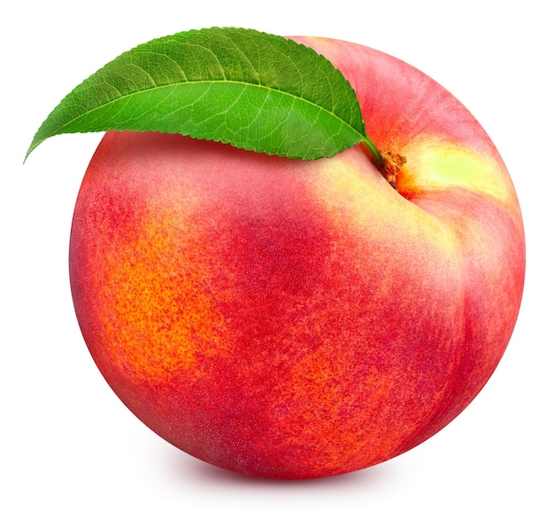 Ripe peach with green leaf clipping path