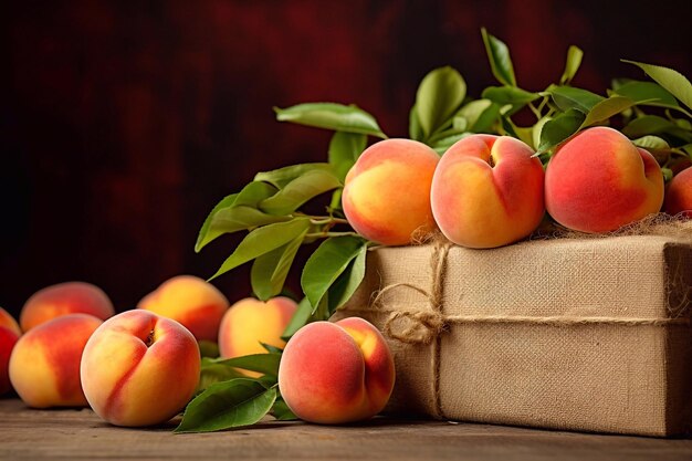 Ripe peaches in a box on a red background